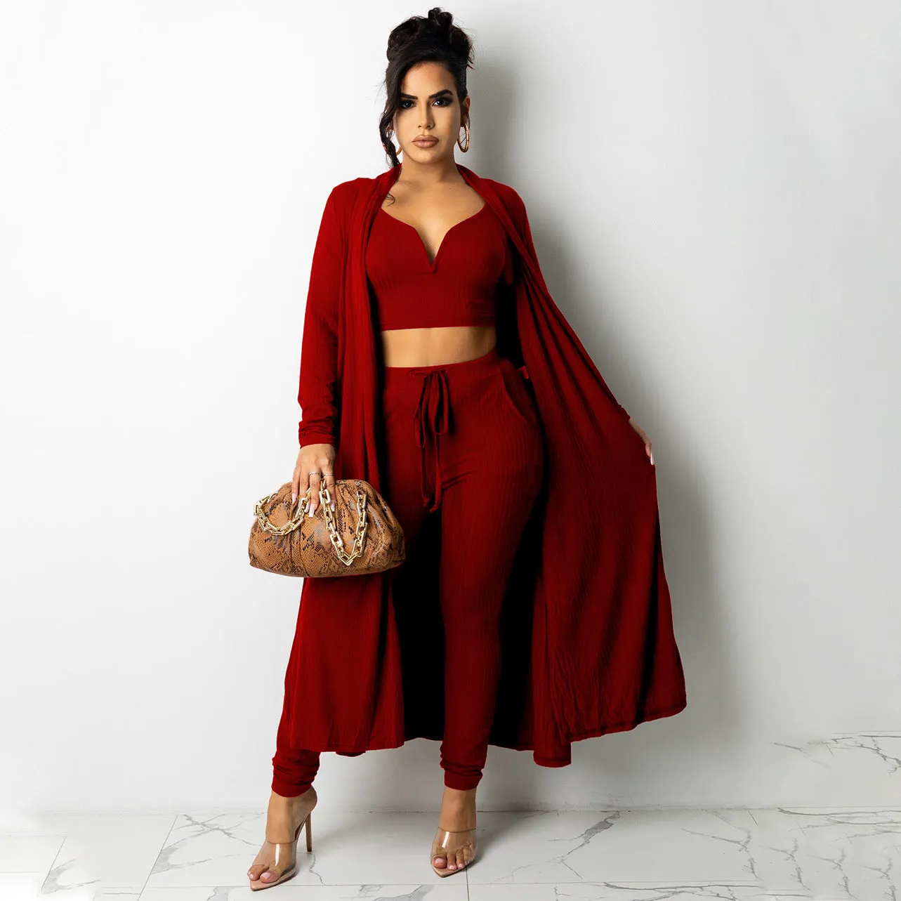 3 Piece Set High Stretchy Solid Color V Collar Crop Top Pant Set Wholesale Trendy Women'S Clothing