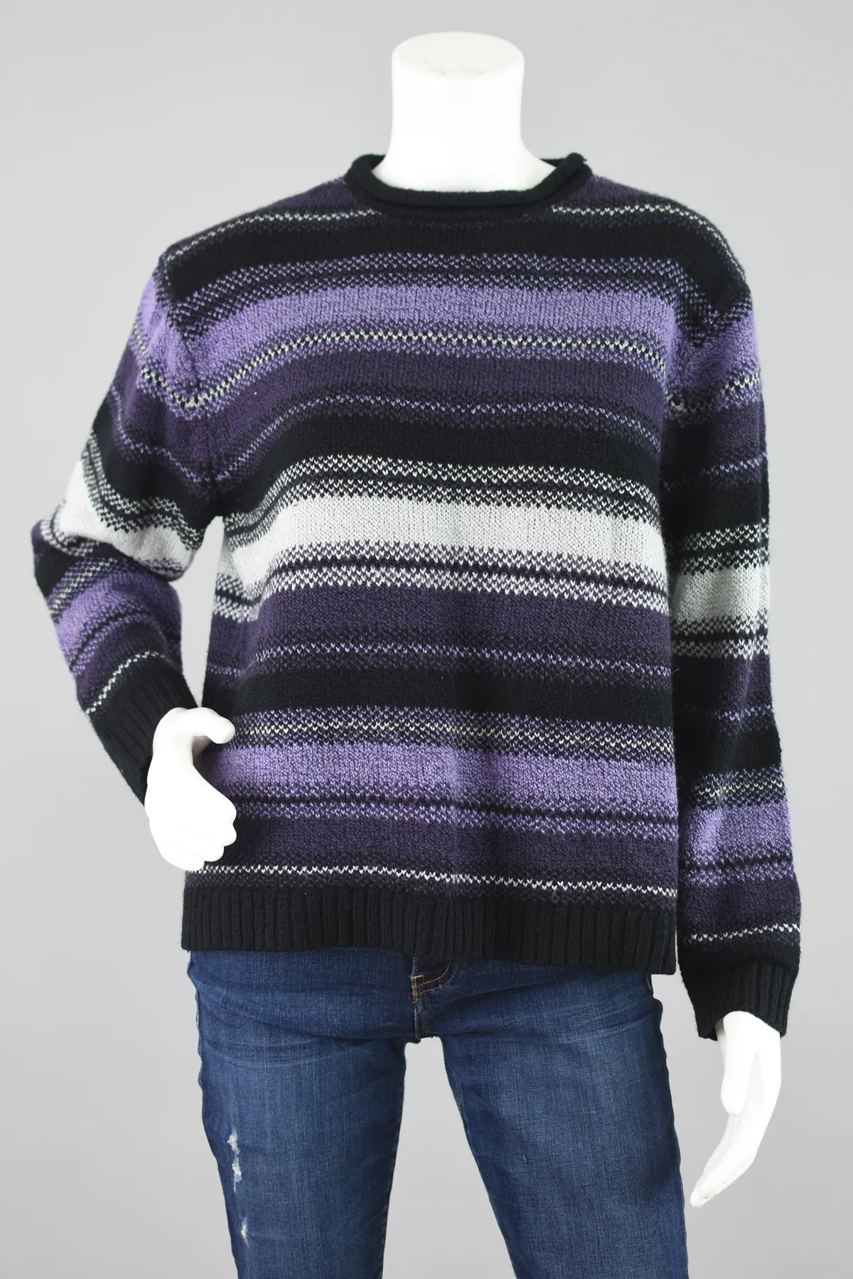 90s Oversized Black & Purple Striped Knit Sweater Women's Large