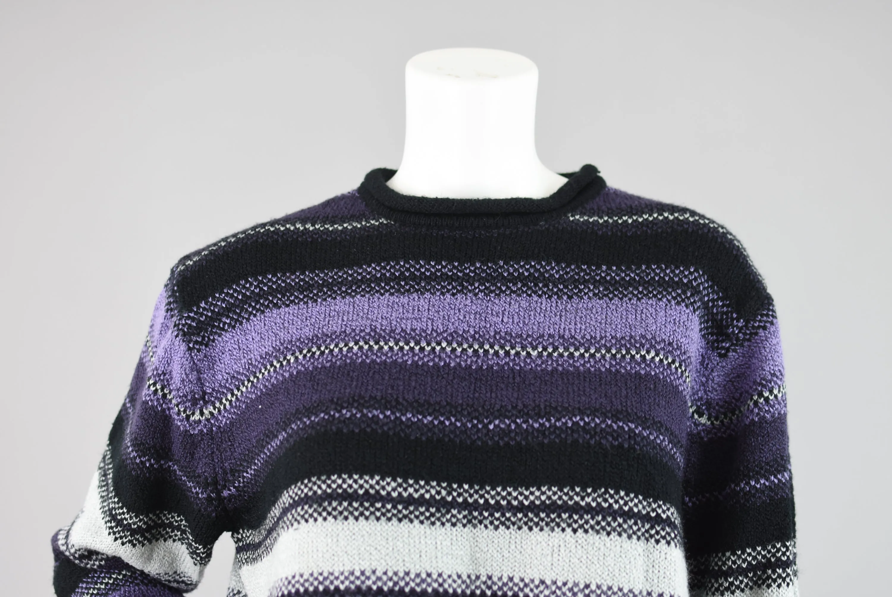 90s Oversized Black & Purple Striped Knit Sweater Women's Large