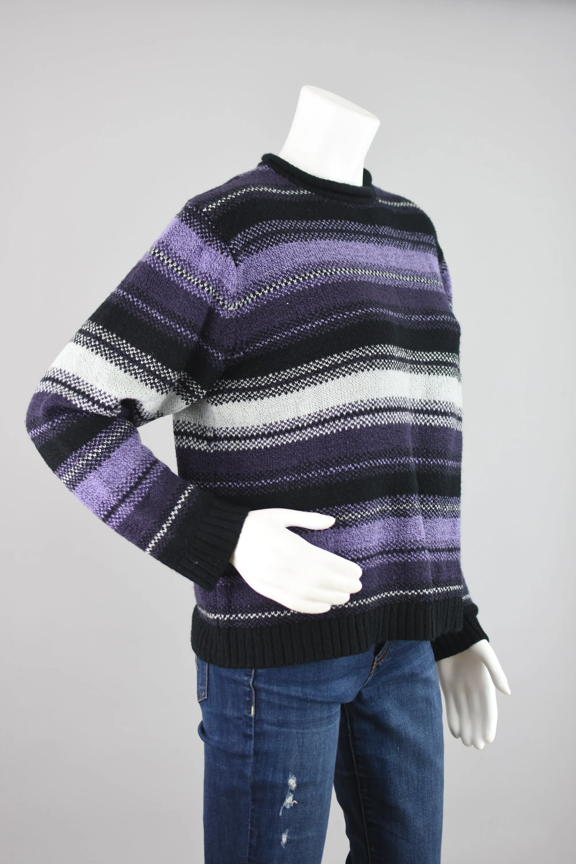 90s Oversized Black & Purple Striped Knit Sweater Women's Large