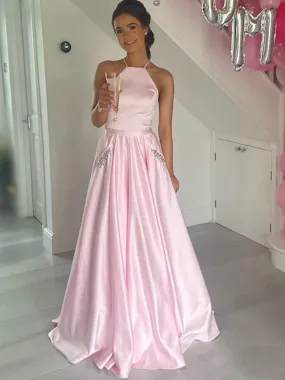 A Line Backless Pink Satin Long Prom Dresses with Pocket, Long Pink Formal Graduation Evening Dresses