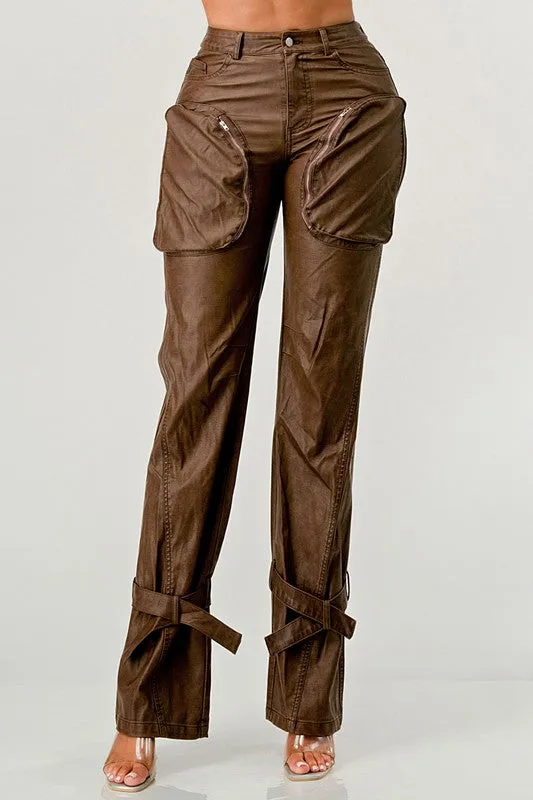 Athina PU Brown Cargo Pants