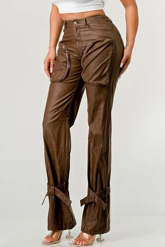 Athina PU Brown Cargo Pants