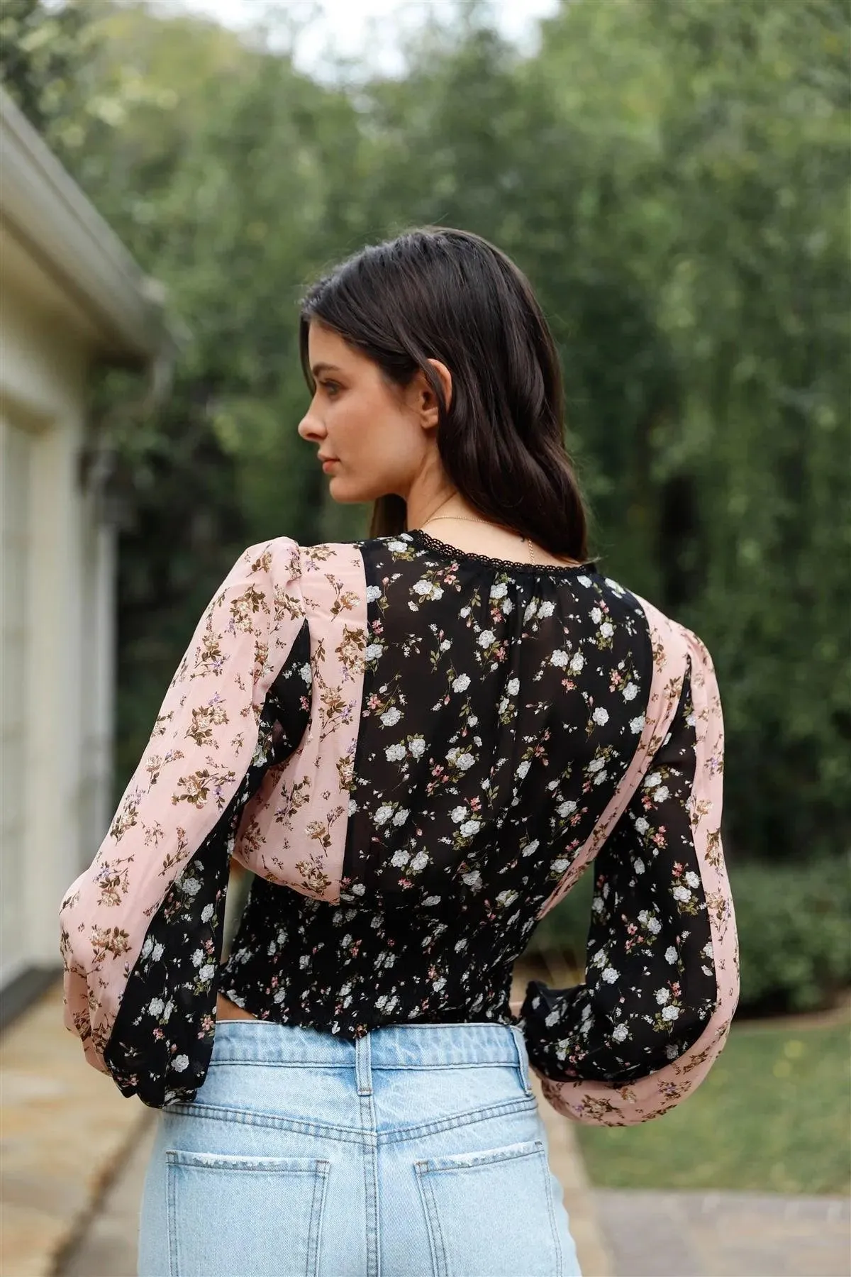 Black & Blush Colorblock Floral Print Lace Trim Balloon Sleeve Crop Top /1-2-3