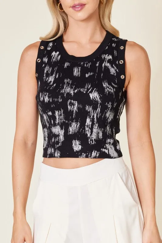 Black & Silver Print Sleeveless Crop Sweater