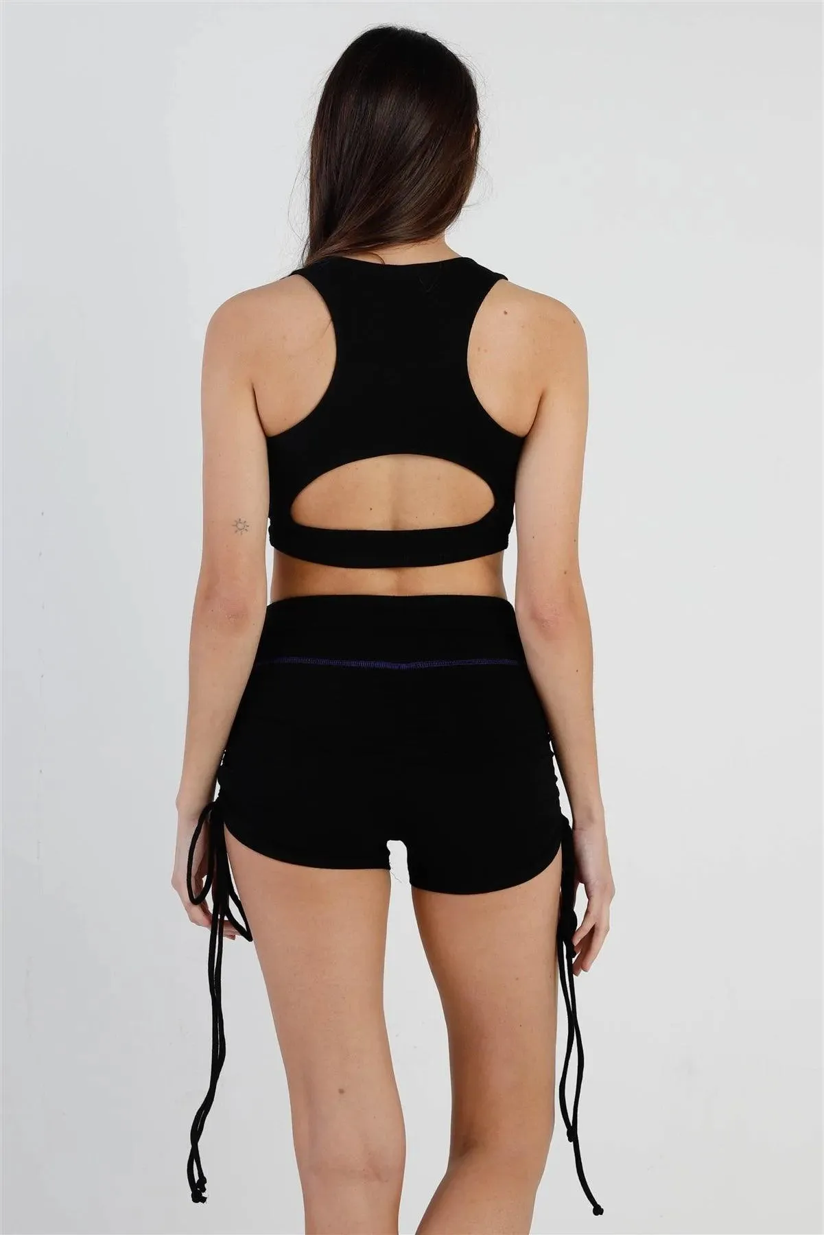 Black Contrast Stitch Zip-Up Racer Back Crop Top & Ruched Details Short Set /2-2-1