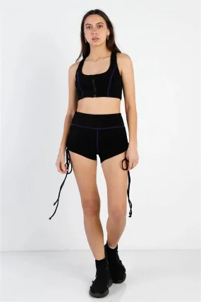 Black Contrast Stitch Zip-Up Racer Back Crop Top & Ruched Details Short Set /2-2-1