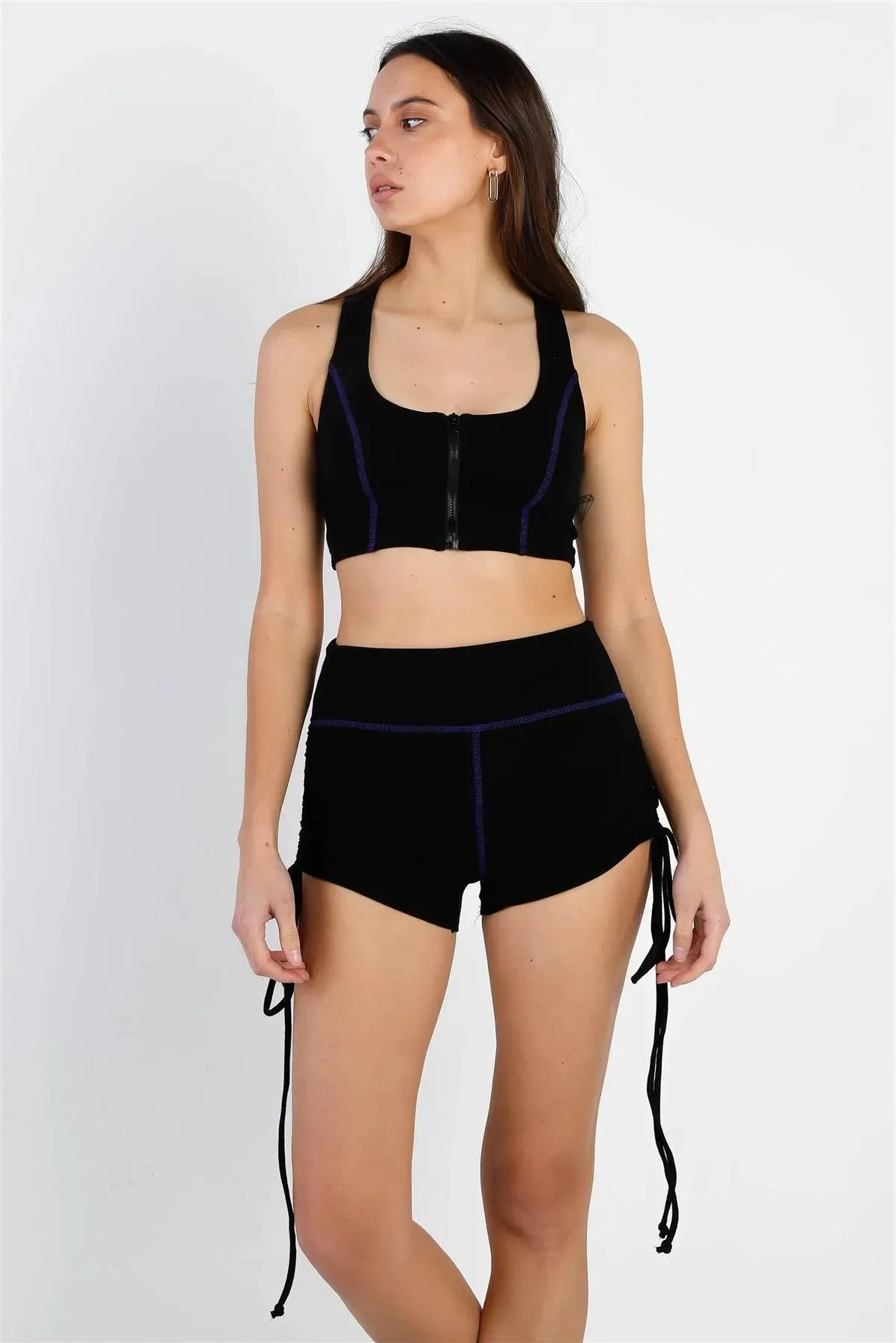 Black Contrast Stitch Zip-Up Racer Back Crop Top & Ruched Details Short Set /2-2-1