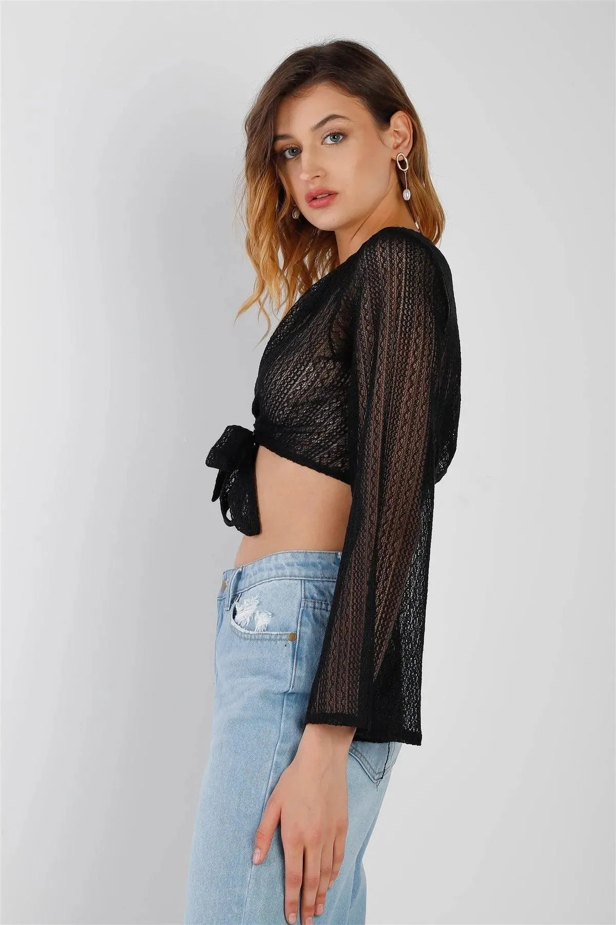 Black Crochet O-Ring Detail With Self-Tie Long Kimono Sleeve Crop Top /2-2-2