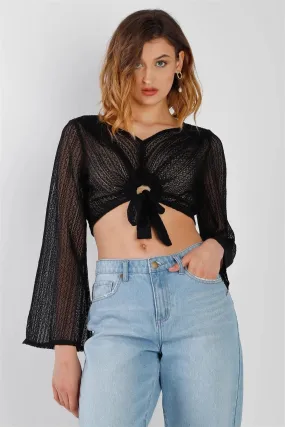 Black Crochet O-Ring Detail With Self-Tie Long Kimono Sleeve Crop Top /2-2-2