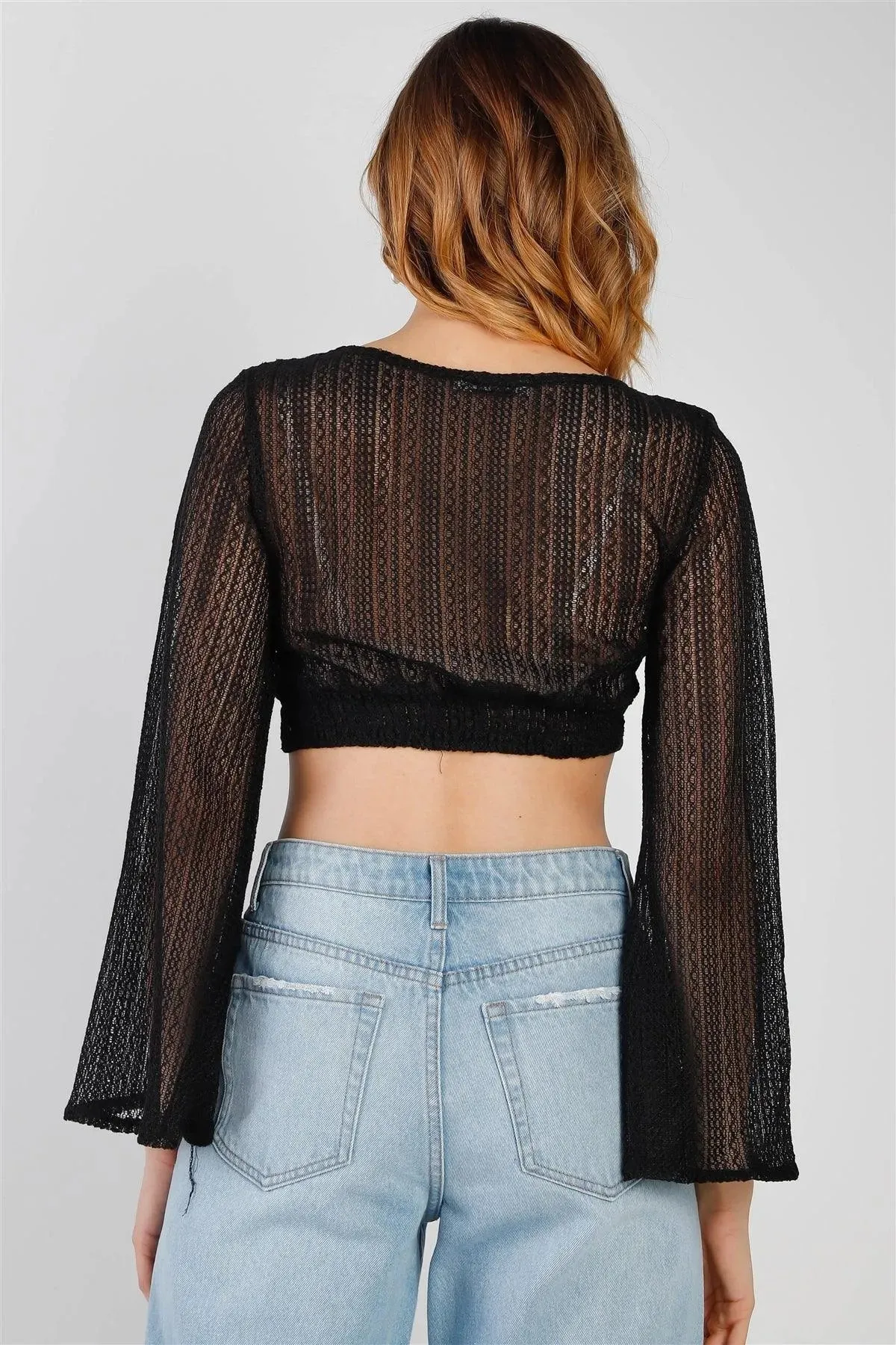 Black Crochet O-Ring Detail With Self-Tie Long Kimono Sleeve Crop Top /2-2-2