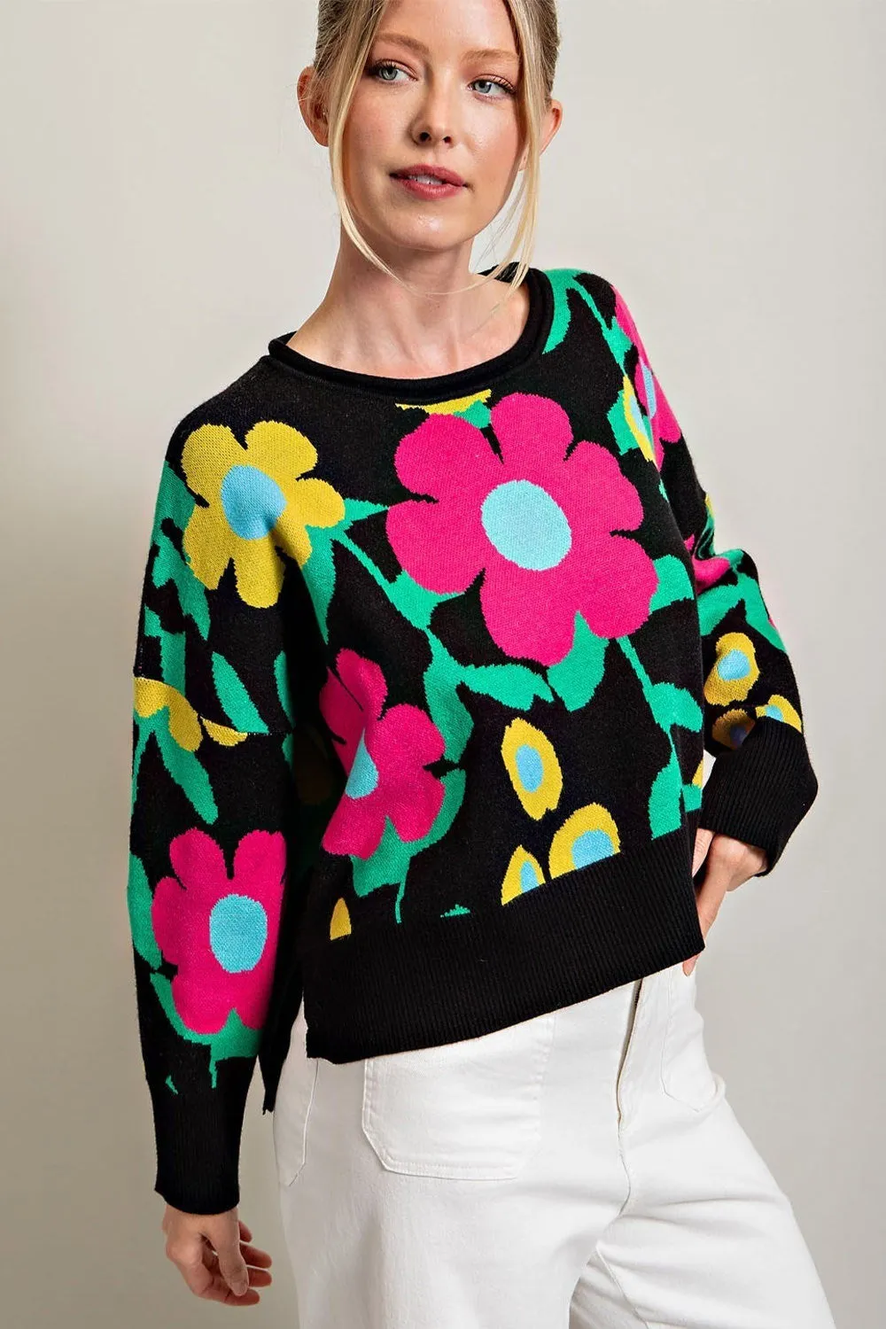 Black Floral Knit Sweater