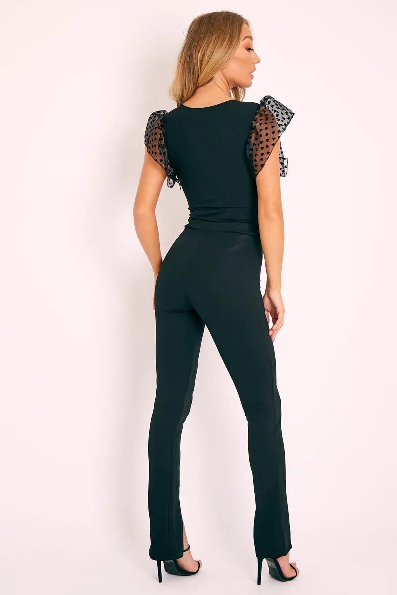 Black Heart Mesh Frill Sleeve Bodysuit - Orianna