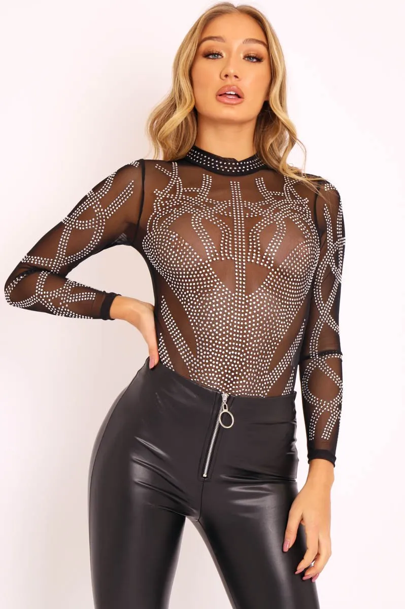 Black Mesh Rhinestone Embellished Bodysuit - Alayne