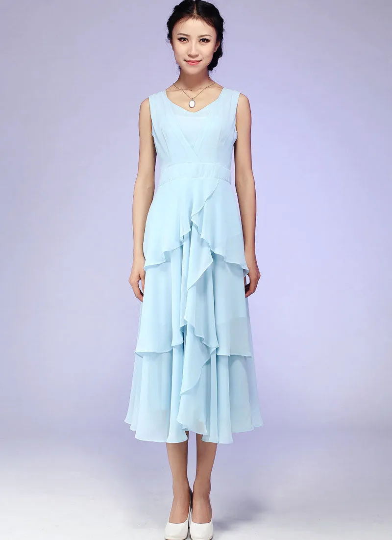 Blue chiffon wedding dress prom dress maxi dress layered dress 582#