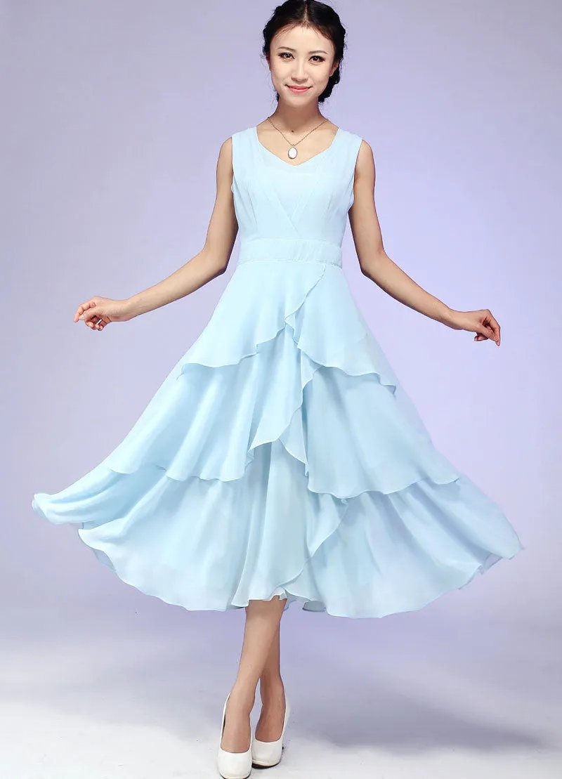 Blue chiffon wedding dress prom dress maxi dress layered dress 582#