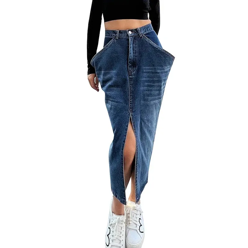 Blue Denim Skirt For Women High Waist Straight Split Solid Streetwear Midi Skirts Female Fashion Clothing