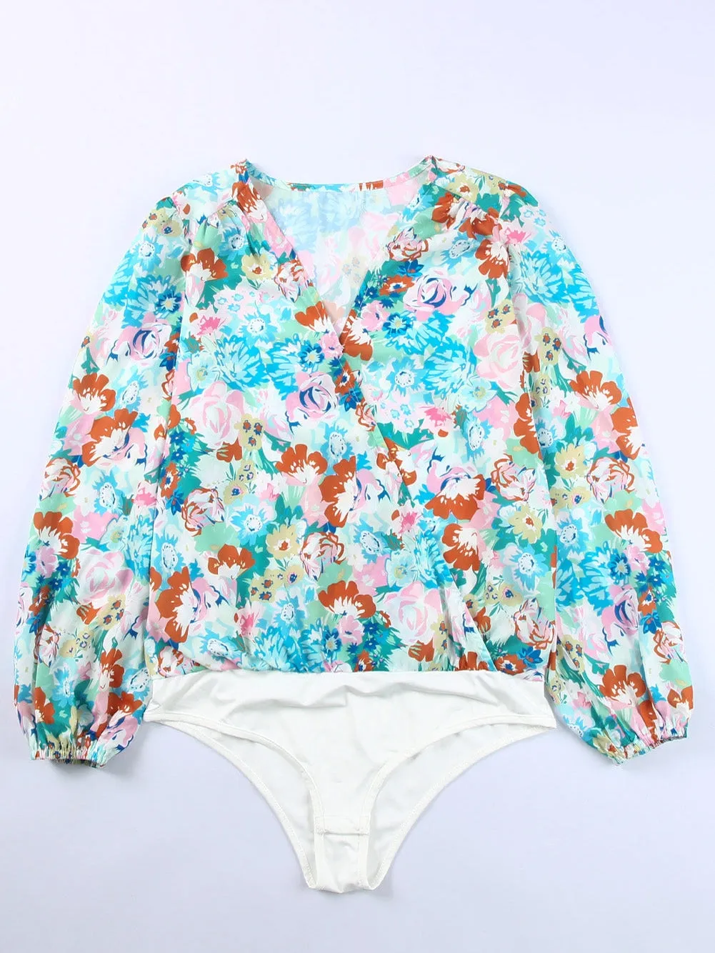 Blue Floral Print V-Neck Wrap Bodysuit