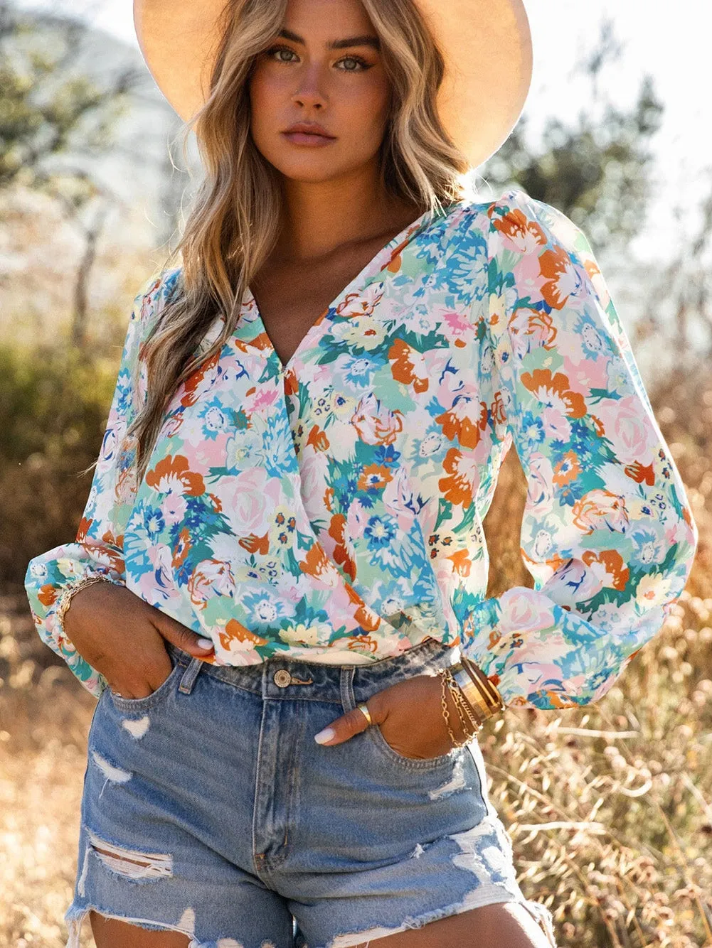 Blue Floral Print V-Neck Wrap Bodysuit