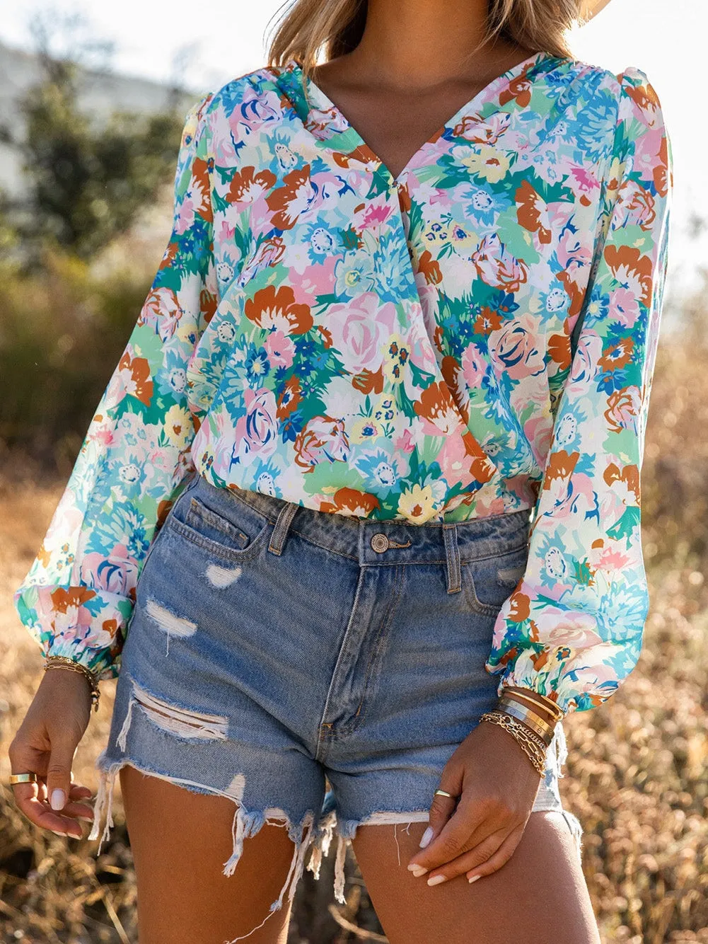 Blue Floral Print V-Neck Wrap Bodysuit