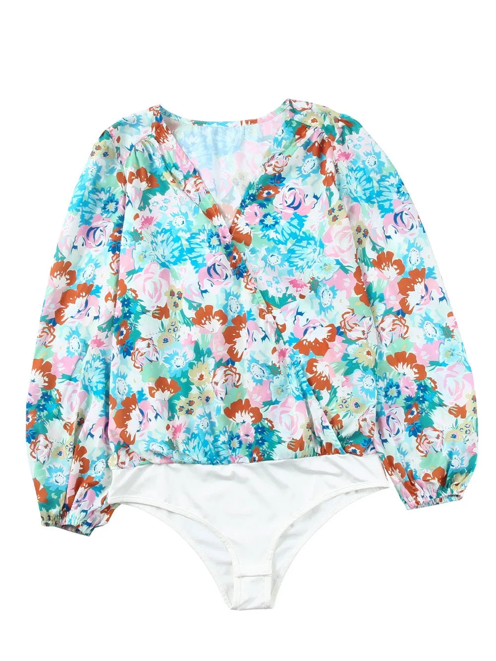 Blue Floral Print V-Neck Wrap Bodysuit