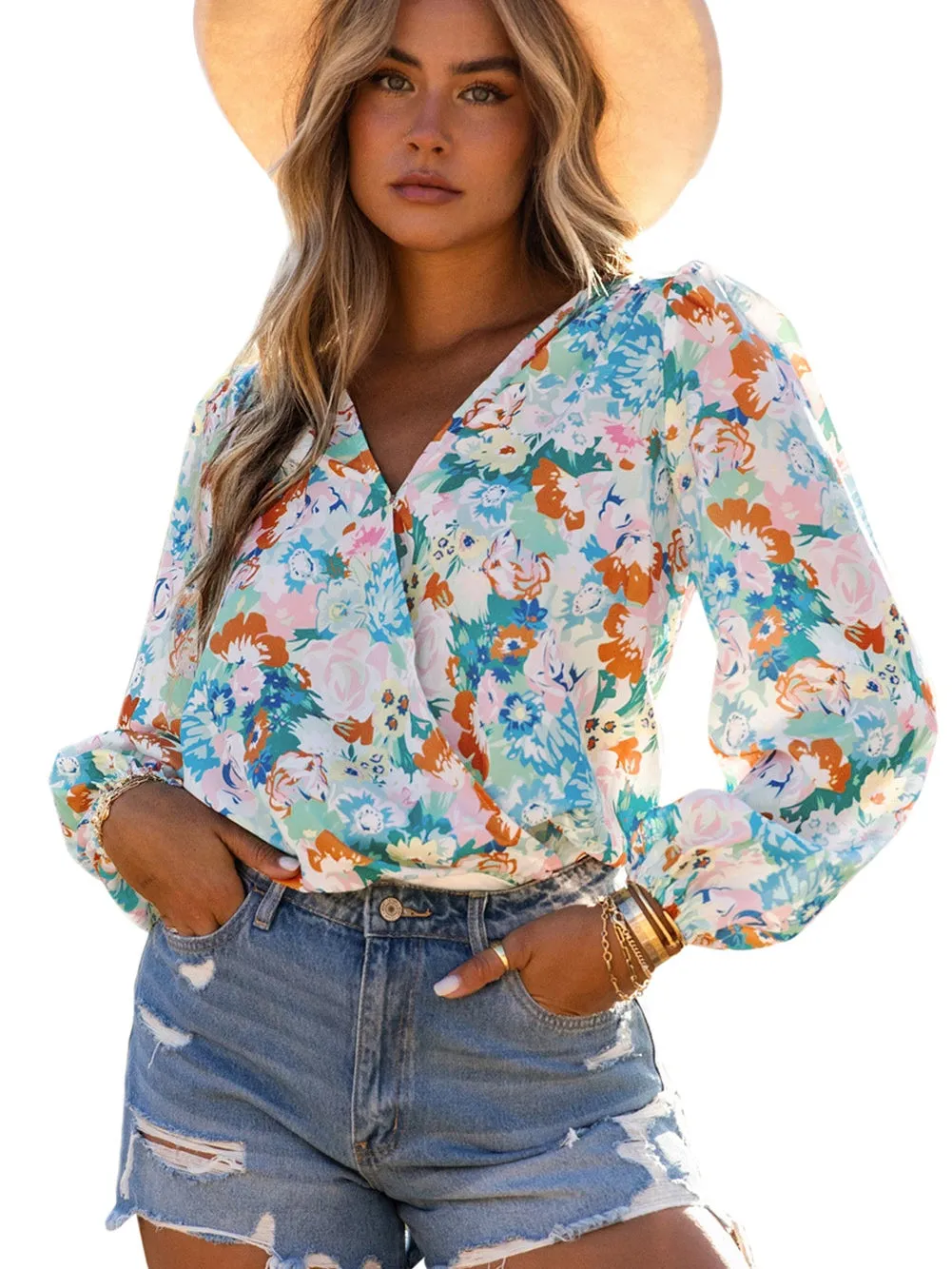 Blue Floral Print V-Neck Wrap Bodysuit