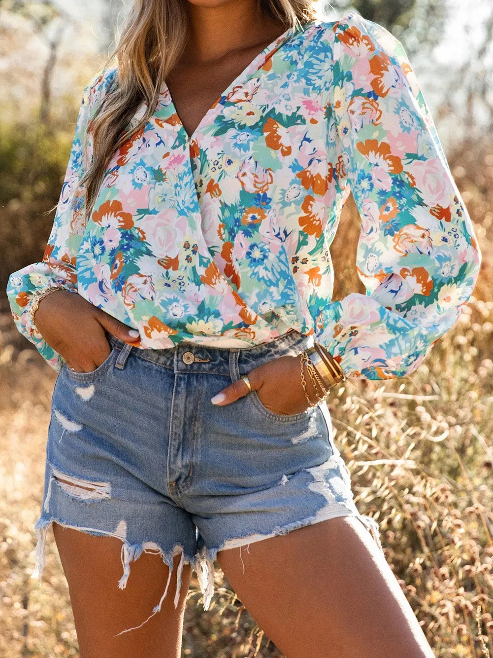 Blue Floral Print V-Neck Wrap Bodysuit