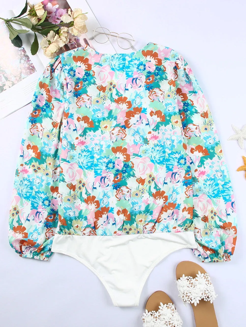 Blue Floral Print V-Neck Wrap Bodysuit