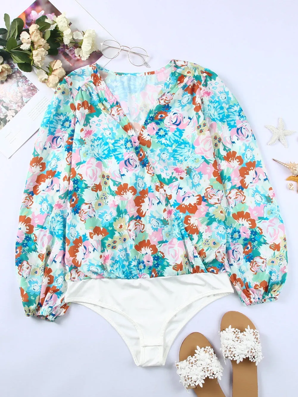 Blue Floral Print V-Neck Wrap Bodysuit