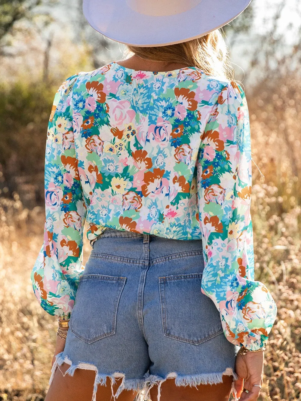 Blue Floral Print V-Neck Wrap Bodysuit