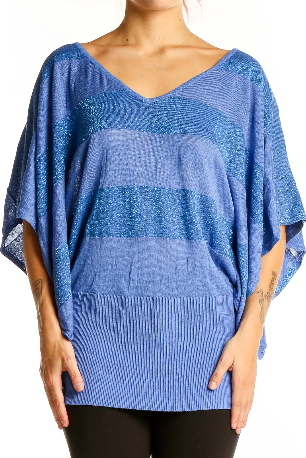 Blue Striped Metallic Knit Top