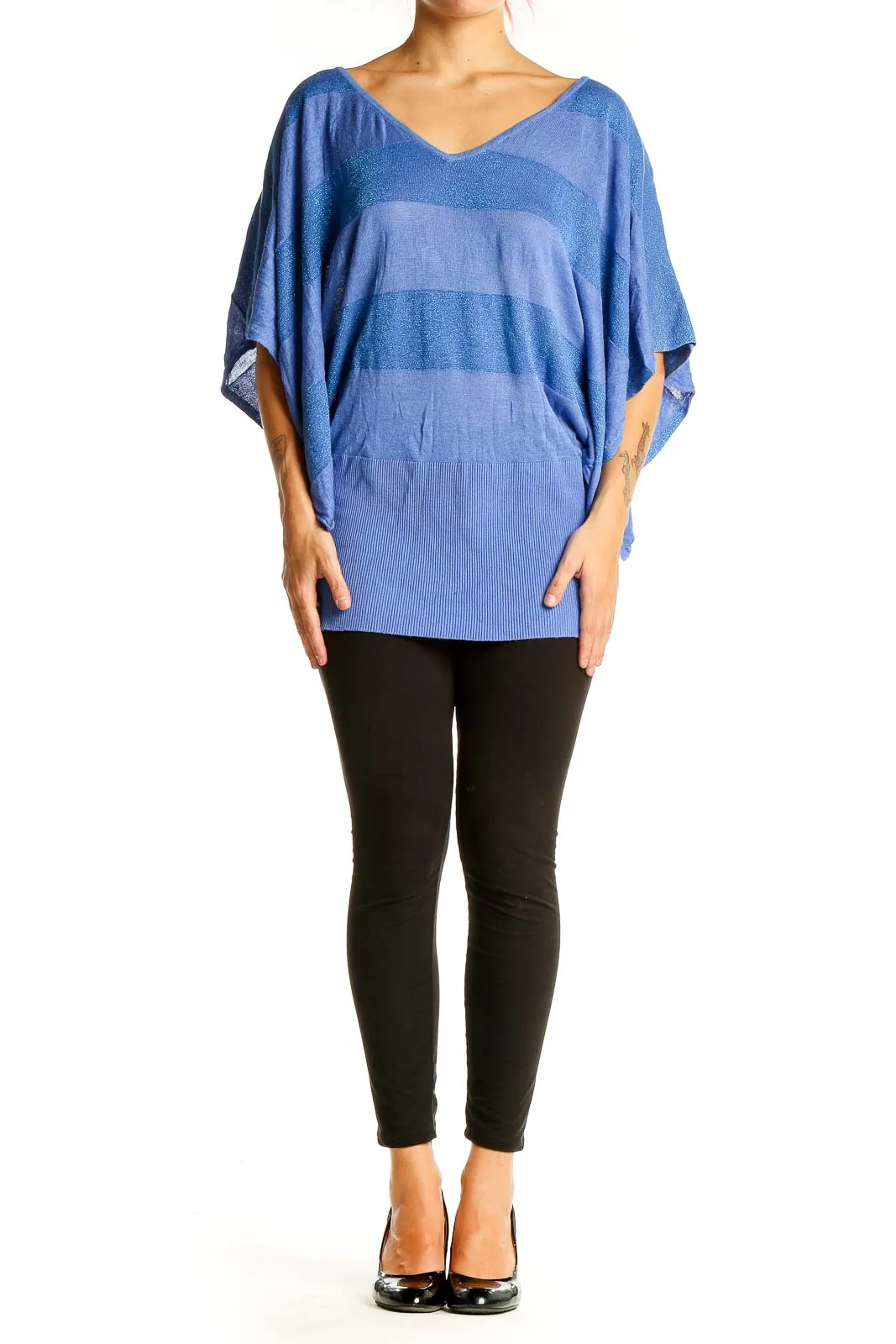 Blue Striped Metallic Knit Top