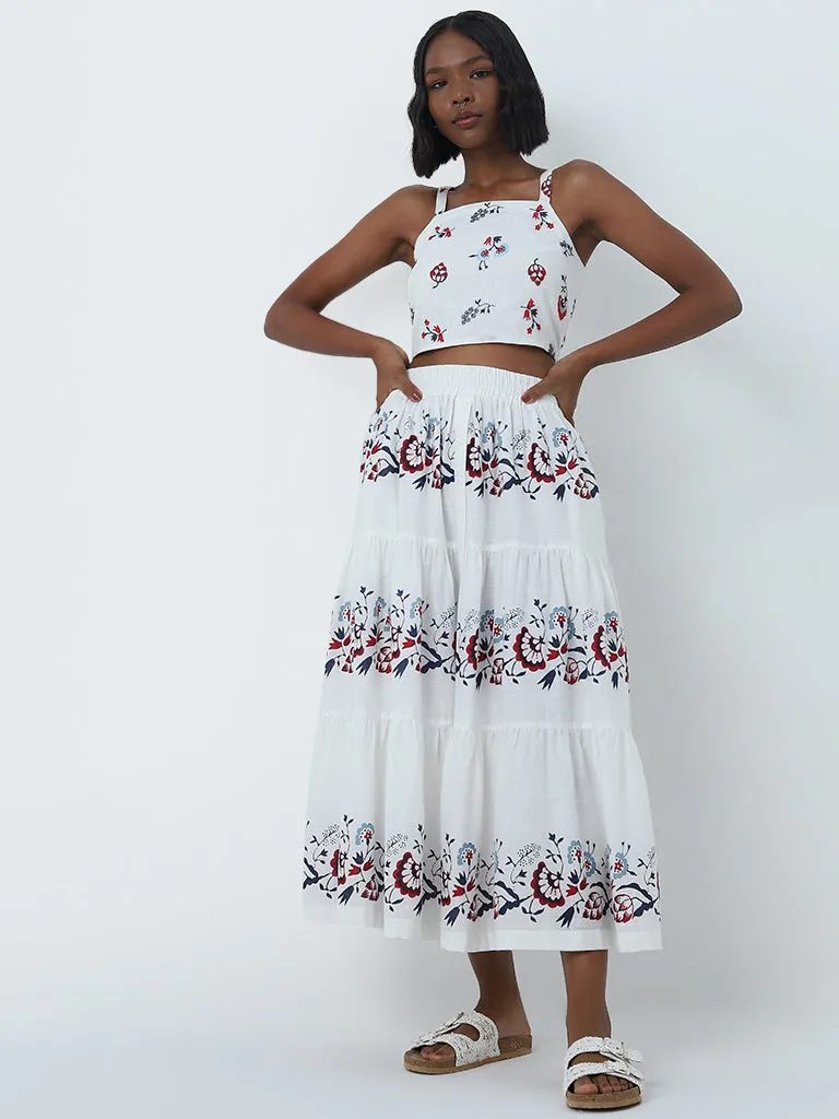 Bombay Paisley White Floral Embroidered Cotton Crop Top