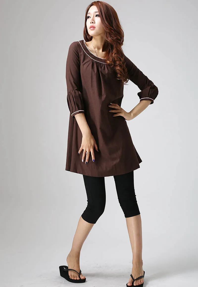 Brown tunic dress made of linen 0825#