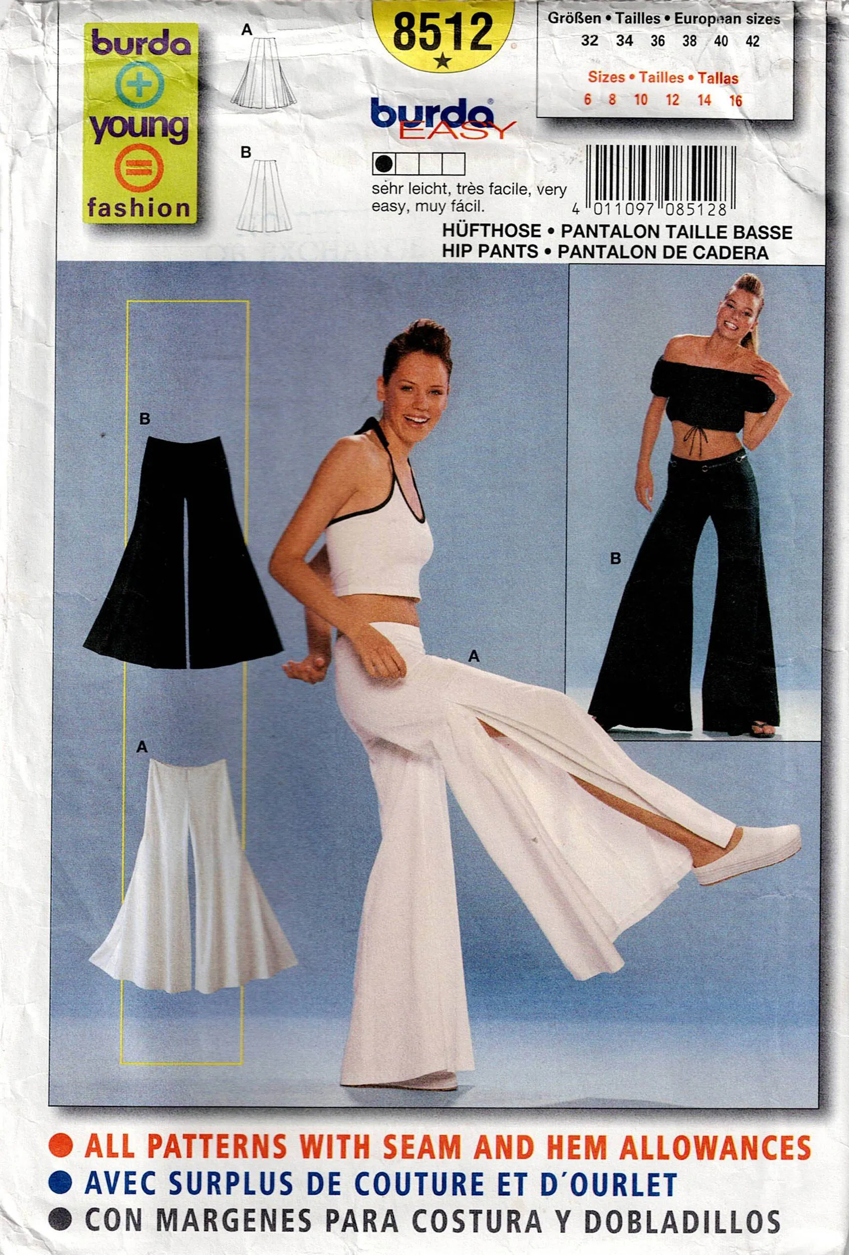 Burda 8512 Womens Hipster Wide Leg Bell Bottom Palazzo Pants Out Of Print Sewing Pattern Sizes 6 - 16 UNCUT Factory Folded