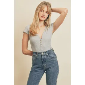 Cap Sleeve Half Button Bodysuit Heather Grey