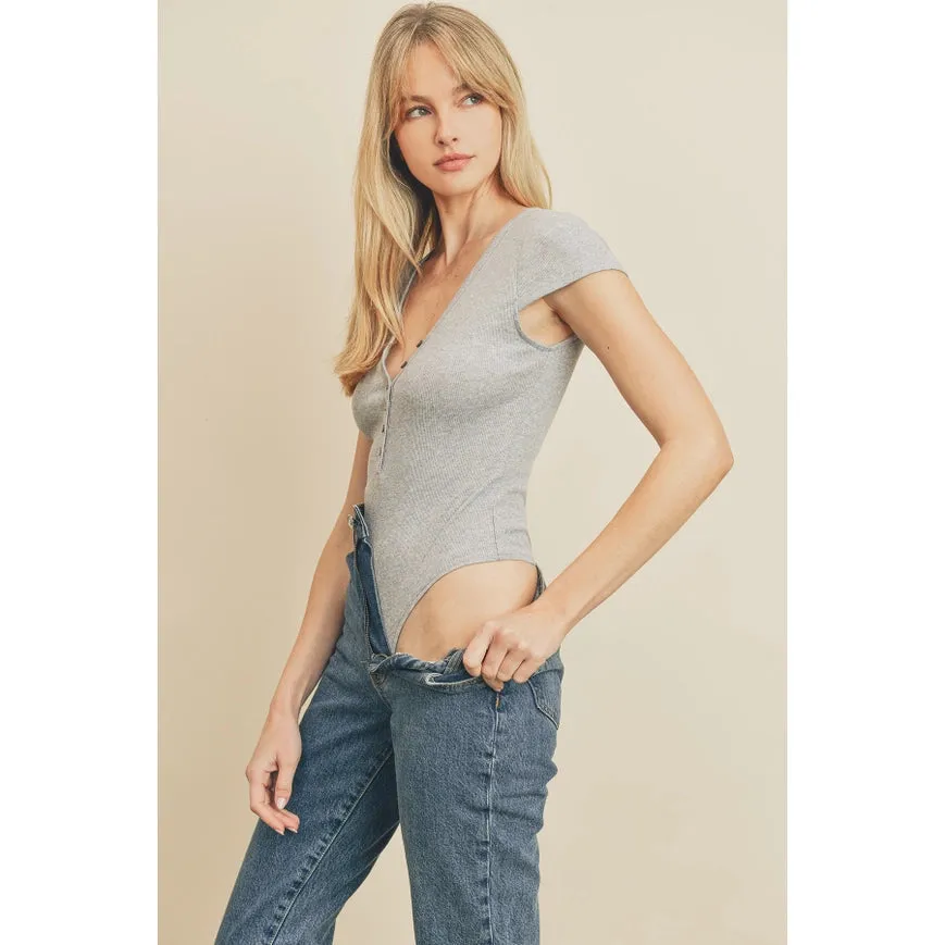 Cap Sleeve Half Button Bodysuit Heather Grey