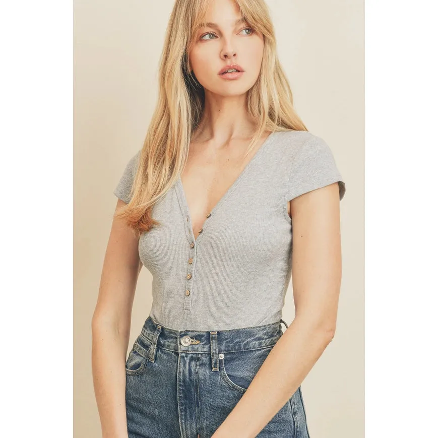 Cap Sleeve Half Button Bodysuit Heather Grey