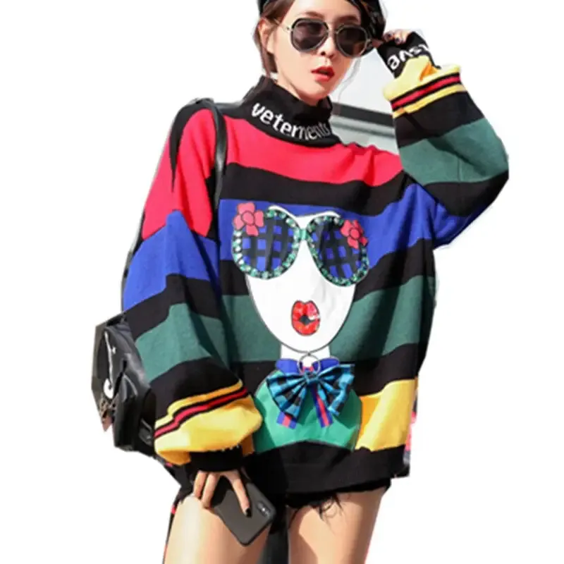 Cartoon 3D Abstract Fashion Girl Sequins Knitted Oversize Sweater