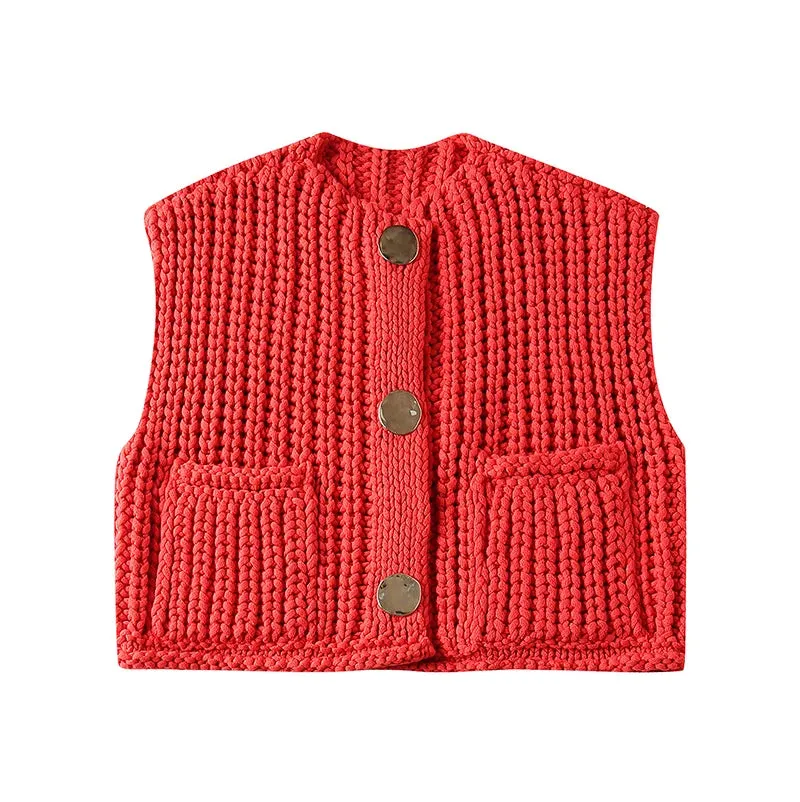 Casual Brown Knit Vest Women Vintage O Neck Single Breasted Pocket Sweater Vests 2024 Autumn Winter Solid Sleeveless Lady Tops