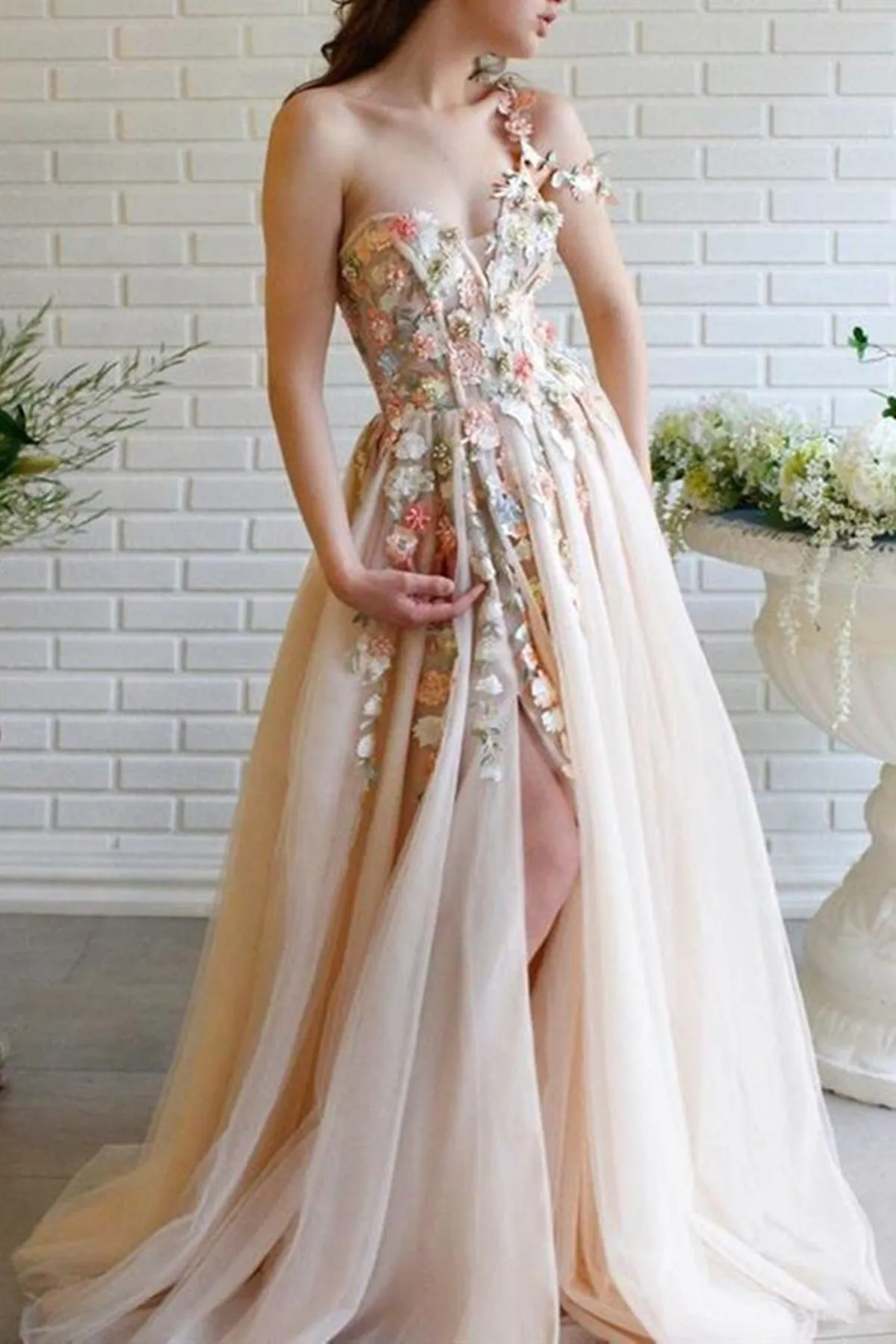 Charming One Shoulder Floral Champagne Long Prom, 3D Flowers Champagne Formal Evening