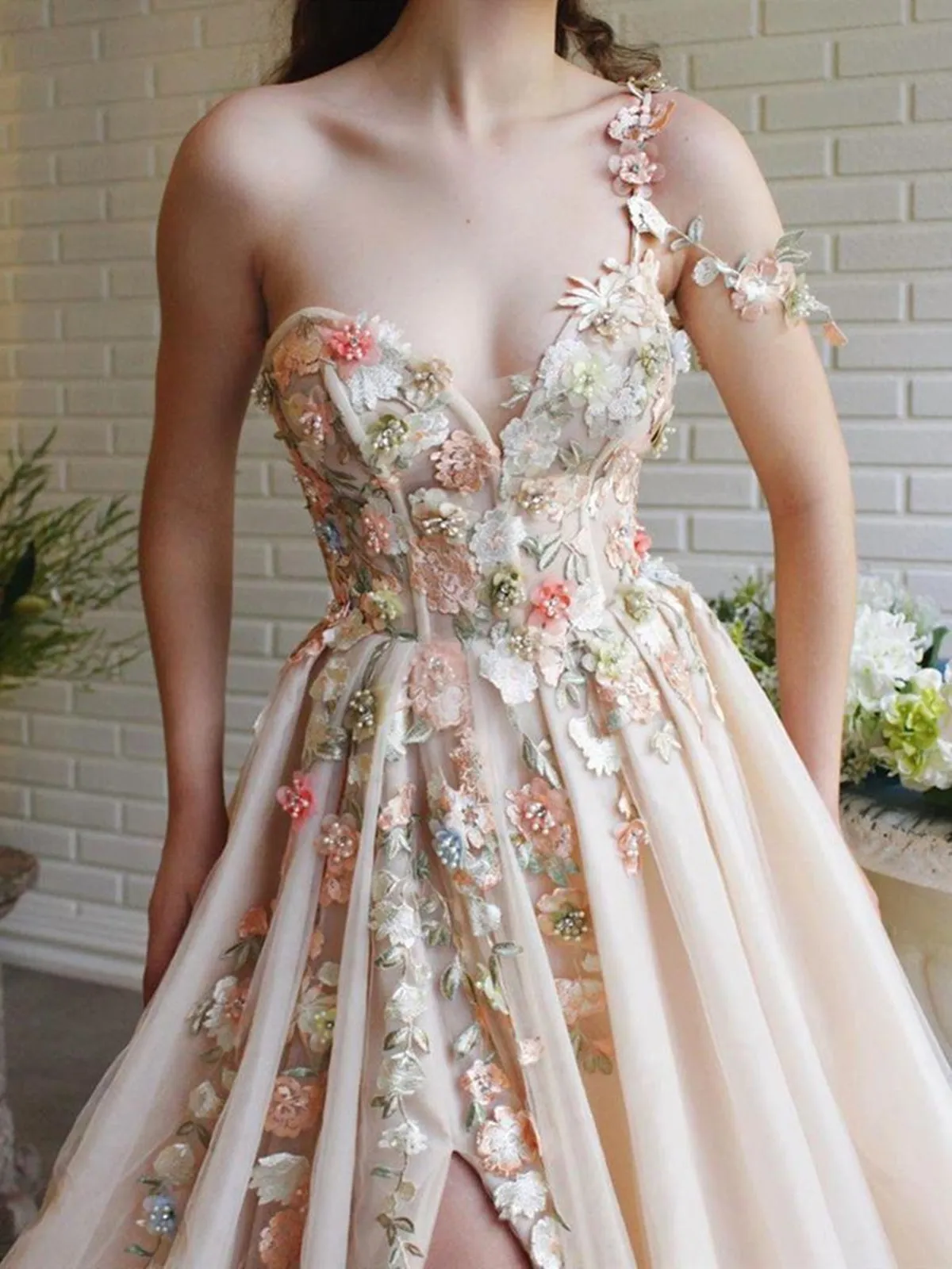 Charming One Shoulder Floral Champagne Long Prom, 3D Flowers Champagne Formal Evening