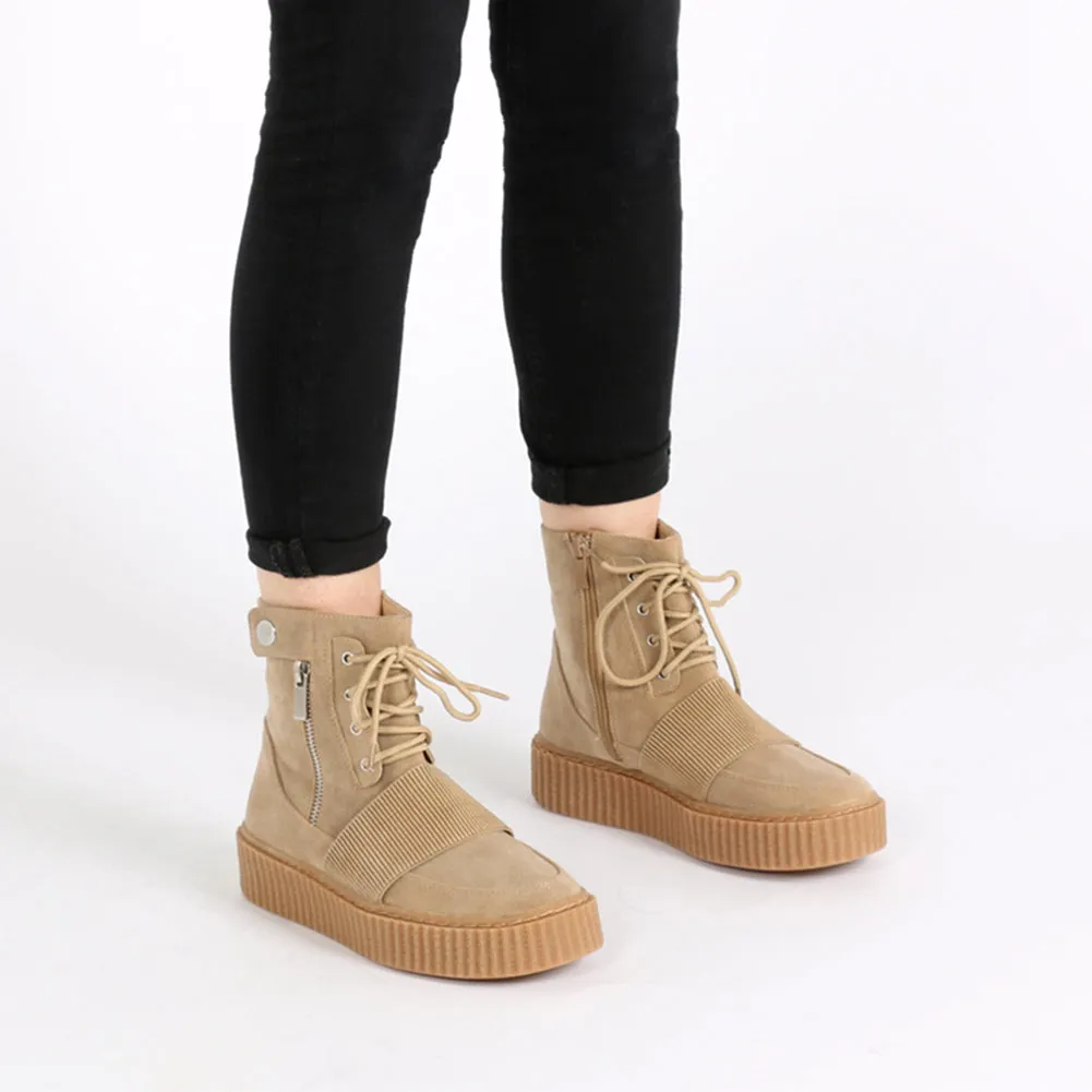 Christa Strap Detail Hi Top Creepers in Taupe Faux Suede