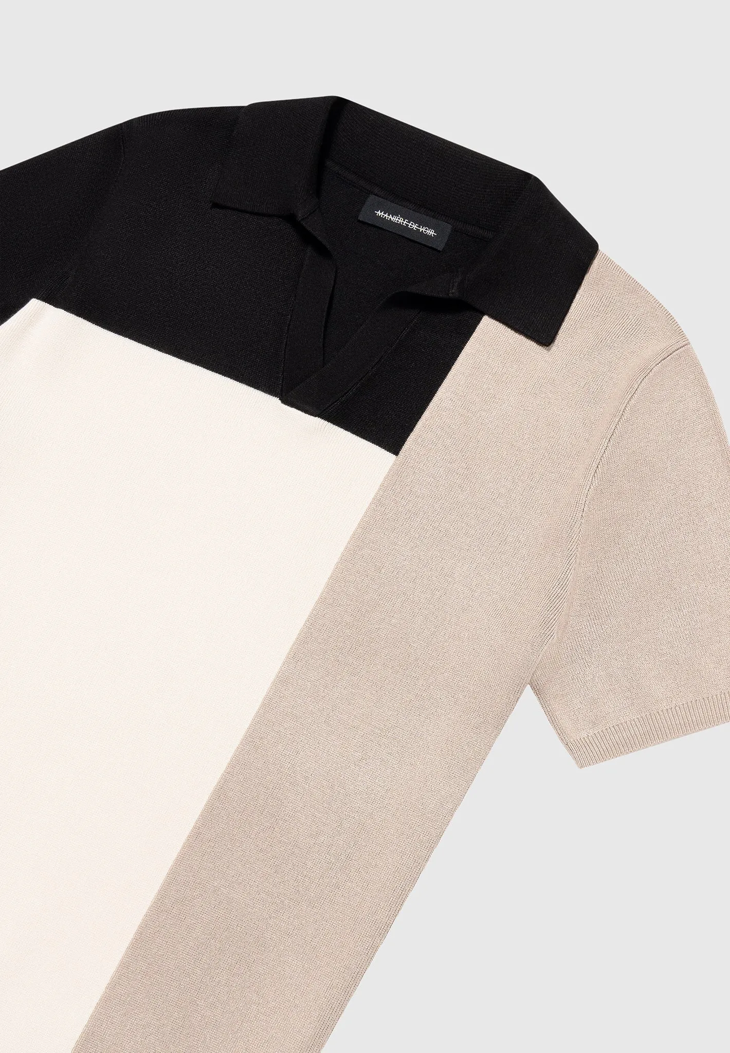 Colour Block Knit Revere Polo Top - Black/Beige