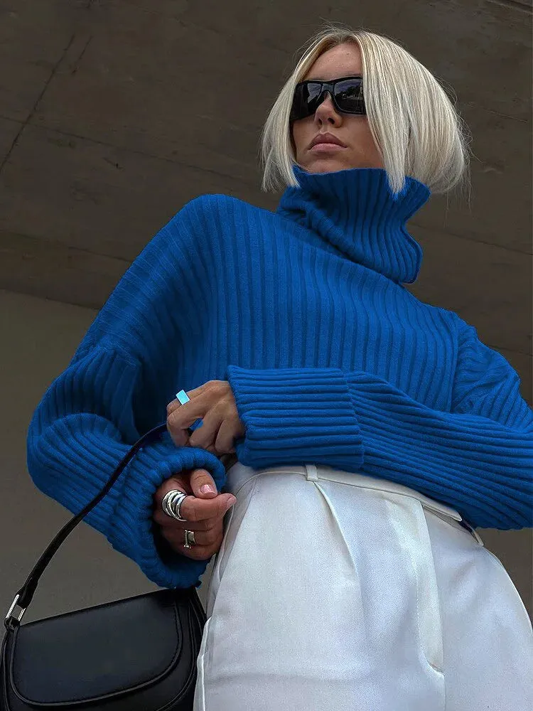 Cozy Blue Turtleneck Crop Sweater Loose Jumper