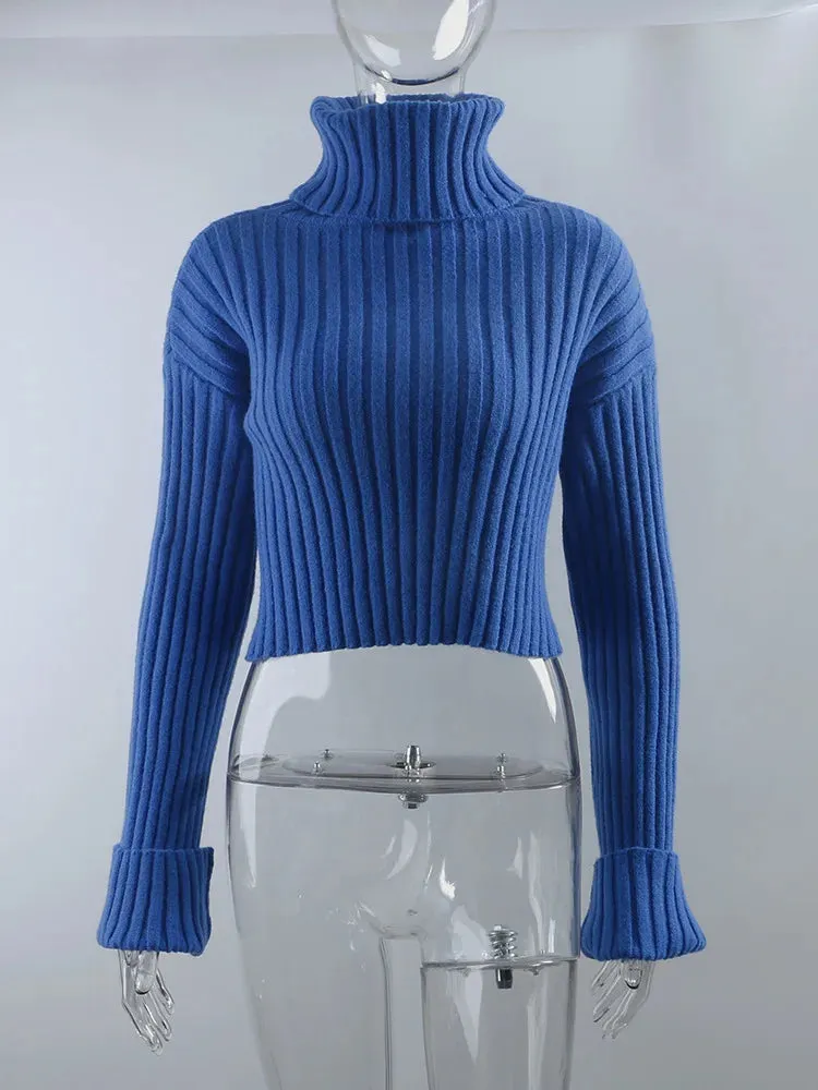 Cozy Blue Turtleneck Crop Sweater Loose Jumper