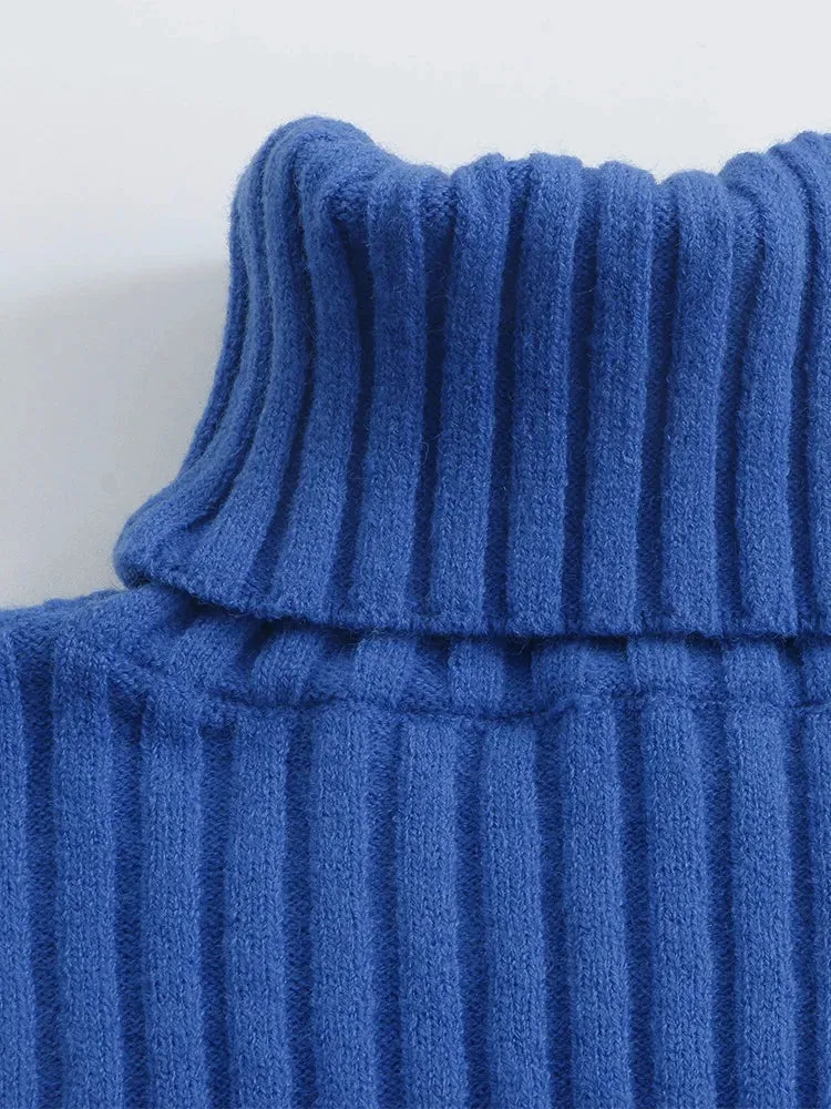 Cozy Blue Turtleneck Crop Sweater Loose Jumper