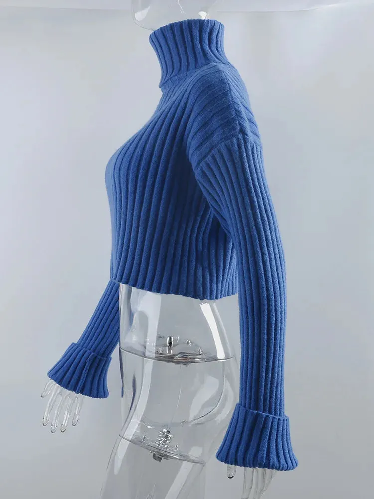 Cozy Blue Turtleneck Crop Sweater Loose Jumper