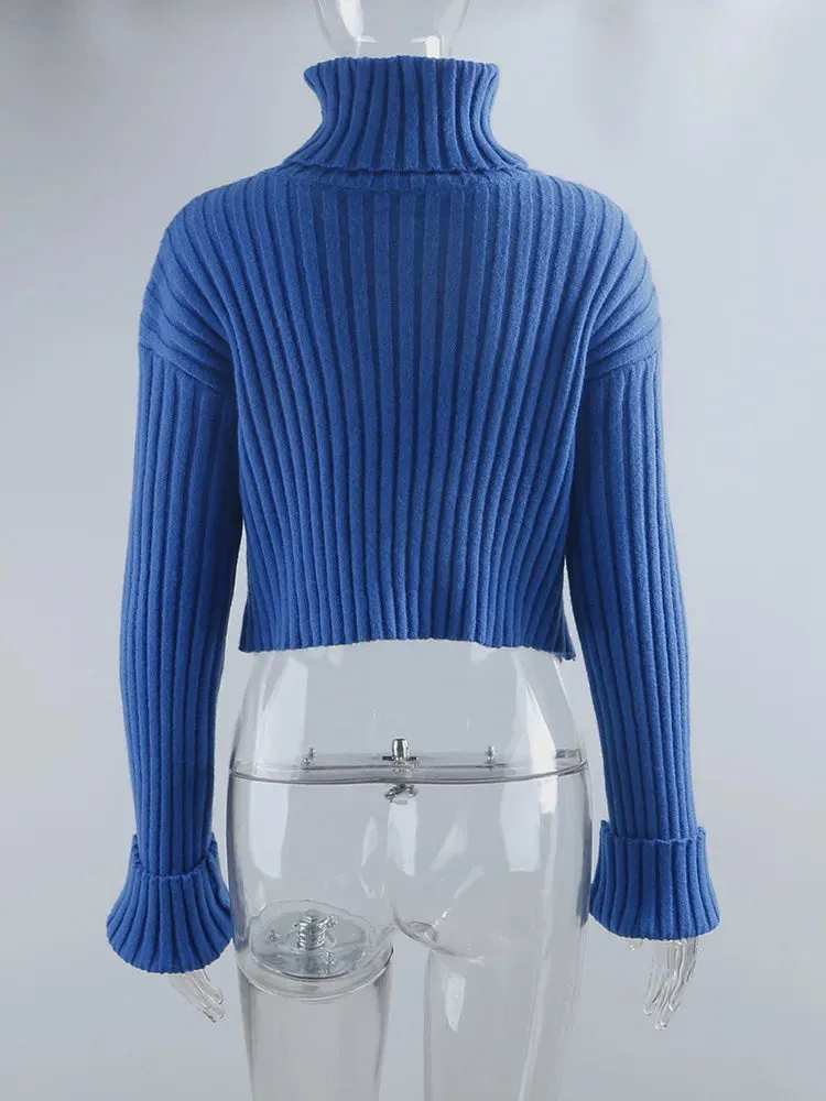 Cozy Blue Turtleneck Crop Sweater Loose Jumper