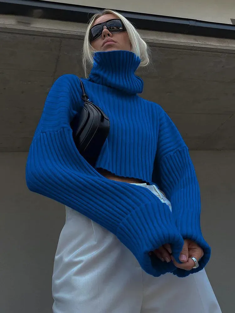 Cozy Blue Turtleneck Crop Sweater Loose Jumper